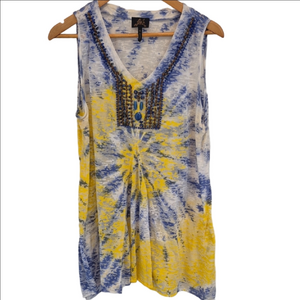 Faith Yellow & Blue Tie-Dye Beaded V-Neck Sleeveless Tunic